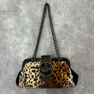 00s Gal y2k Fairy Grunge, vintage, archive, real leather, animal print, leopard print, chain bag, shoulder bag