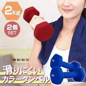 【2個セット/ブルー】滑りにくい カラー ダンベル 2kg 筋トレ エクササイズ 宅トレ シンプル ウエイトトレーニング ダイエット 新品 即決