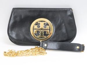 TORY BURCH トリーバーチ 2WAY ショルダーバック クラッチバッグ レザー ゴールドチェーン レディース ブラック 超美品 ☆4773-8