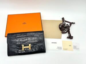 正規品付属品有 エルメス HERMES コンスタンス アリゲーター 財布 ネイビー A刻印 ゴールド金具 