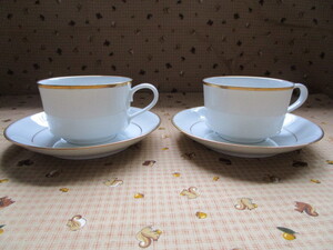 ＃ＮＯＲＩＴＡＫＥ「ノリタケ（ＮＩＰＰＯＮ　ＴＯＫＩ）★金彩　シンプルな大きめの白いペアカップ＆ソーサー」～社名入り　箱なし