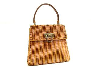 1円 ■美品■ Salvatore Ferragamo フェラガモ ガンチーニ ラタン×レザー ワンハンドル ハンドバッグ かごバッグ ブラウン系 FL0823