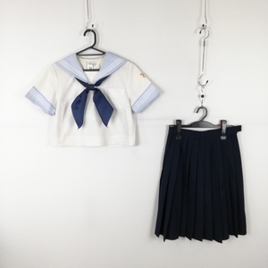 1円 セーラー服 スカート スカーフ 上下3点セット 夏物 白3本線 女子 学生服 神奈川フェリス女学院中学高校 白 制服 中古 ランクC EY3211