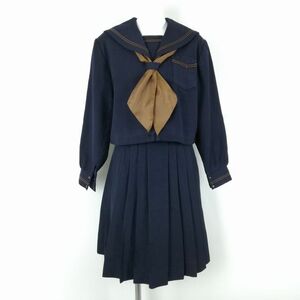 1円 セーラー服 スカート スカーフ 上下3点セット 165A 冬物 茶2本線 女子 学生服 目白学園中学 高校 紺 制服 中古 ランクC NA7643