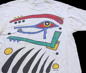 ★80s USA製 Eye of Horus アート 染み込みプリント コットンTシャツ 白 XXL★特大 ビンテージ エジプト オーバーサイズ ビッグサイズ