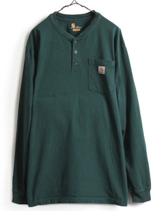 ■ カーハート ヘンリーネック ポケット付き 長袖 Tシャツ ( メンズ L ) 古着 CARHARTT 長袖Tシャツ ロンT ポケT ヘビーウェイト グリーン