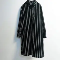 ストライプ ロングシャツワンピース 韓国ファッション 体型カバー ブラック