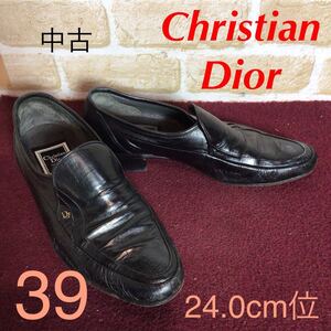 【売り切り!送料無料!】A-347 Christian Dior!ビジネスシューズ!ローファー!39 24.0cm位!黒!ブラック!ディオール!仕事!冠婚葬祭!中古!