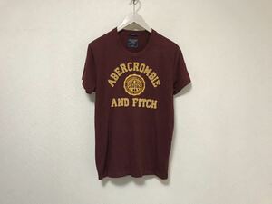 本物アバクロアンドフィッチAbercrombie&Fitchコットンワッペン刺繍半袖Tシャツメンズアメカジサーフミリタリービジネス赤ワインレッドS