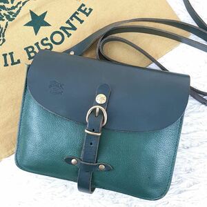 1円〜 【極美品】IL BISONTE イルビゾンテ ショルダーバッグ レザー ヌメ革 フラップ 斜めがけ 緑 グリーン