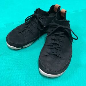 クラークス トライジェニック フレックス black US9.5 大きめ used Clarks Trigenic Flex 26.5cm レザー スニーカー 黒 古着 スニーカー