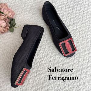 極美品 SalvatoreFerragamo フェラガモ ヴァラリボン パンプス デニム フラットシューズ バレエシューズ 5D 22.5cm