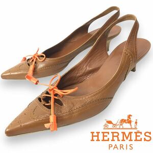 p10 HERMES エルメス レザー パンプス キャメル ウィングチップ タッセルリボン 35 イタリア製 正規品 シューズ ローヒール