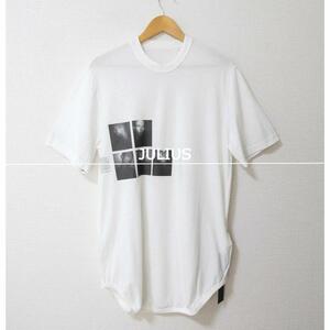 極美品 JULIUS ユリウス サイズ2 プリント ラウンド クルーネック 半袖 ロング丈 Tシャツ カットソー 白 ホワイト