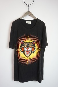 美品 正規 17SS GUCCI グッチ アングリー キャット アップリケ Tシャツ ヴィンテージ 加工 オーバーサイズ 半袖 442670-X5U16猫本物912N 