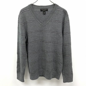 BANANA REPUBLIC ニット セーター ボーダー Vネック 長袖 毛100% L メランジグレー×ボルドー×ネイビー×ホワイト グレー レディース