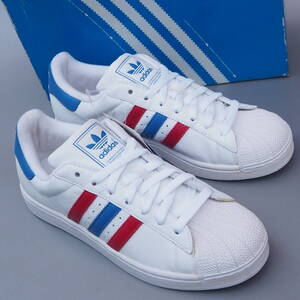 デッド!! US 9 1/2 /27.5cm 新品!! 限定 2007年製 adidas スーパースター 白レザーx赤ｘ青 SUPERSTAR 天然皮革 