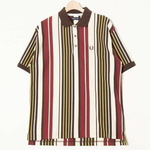 メール便◯ FRED PERRY フレッドペリー サイズM 半袖 プルオーバー ポロシャツ コットン100％ 総柄 マルチカラー ベージュ メンズ トップス