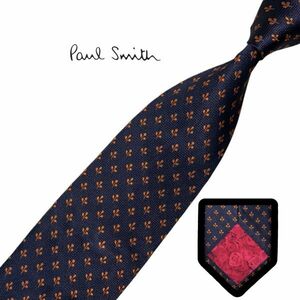 ★美品★高級ネクタイ★Paul Smith★ネイビー系 パターン柄 裏地花柄 ネコポス可 ポールスミス USED プレス済み t1030