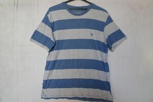 Timberland/ティバーランド/半袖Tシャツ/オーガニックコットン/極太ボーダー柄/バックプリント/グレー杢/くすみ青/Mサイズ(9/12R)