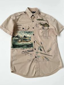 POLO Ralph Lauren フィッシング 手描き プリント 半袖シャツ M ポロ ラルフローレン フィッシュ 魚 ユーズド ダメージ 加工 レア