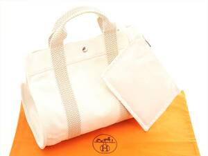 1円 極美品 エルメス カンヌ PM ホワイト HERMES キャンバス 2WAY トートバッグ ポーチ付 ハンドバッグ 防水処置/クリーニング済