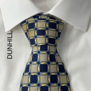 DUNHILL ダンヒル 貝殻 パターン柄 シルク ネクタイ イタリア製 ネイビー ベージュ グレー イエロー TG284