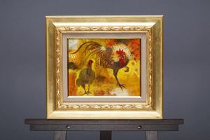 真作 清原啓一「遊鶏」油絵 F3号(27cmx22cm) サイン・裏書あり 一枚の繪取扱品 物故巨匠