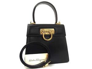 1円 ■極美品■ Salvatore Ferragamo フェラガモ AQ-21 2193 レザー ガンチーニ 2WAY ハンドバッグ ショルダー ブラック系 FJ2785