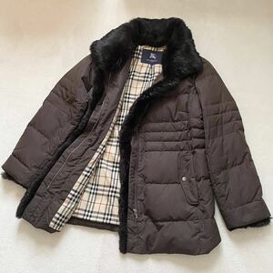 1円〜　美品　BURBERRY LONDON　バーバリーロンドン　ダウンジャケット　44　2XL　大きいサイズ　ラビットファー　ブラウン　茶色