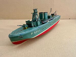 貴重 マルサン ブリキ 戦艦 P 5701船 軍艦 アメリカ海軍 ブリキ製 玩具 当時物 ゼンマイ可動確認済み