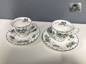 ★HOYA★Bone China★カップ＆ソーサー セット★2客 GREEN LEAF 洋食器 金縁 金彩 茶器 キッチン 食卓 来客 コーヒー ティーカフェ 喫茶★