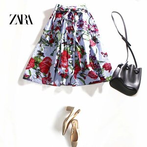 美品 ZARA woman ザラ ウーマン 春 夏 きれい色 格子 × フラワー 柄 シャツ生地 ベルト一体 フレアスカート XS 水色 ホワイト 白 ミモレ丈