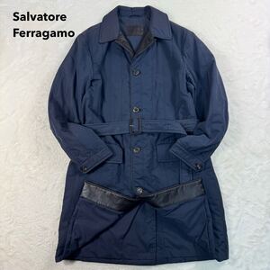 1円〜 Salvatore Ferragamo フェラガモ ステンカラーコート ナイロン 中綿 48 ロングコート