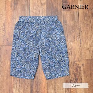 春夏/GARNIER/Mサイズ/イージー ハーフパンツ 清涼リネン 薄手 涼しい オリエンタル 幾何学柄 リゾート 新品/青/ブルー/ig142/