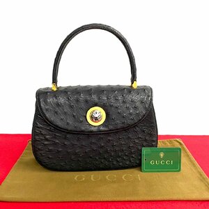 未使用 保管品 希少品 GUCCI グッチ オールドグッチ ヴィンテージ タイガーヘッド オーストリッチ ハンドバッグ ブラック 28298