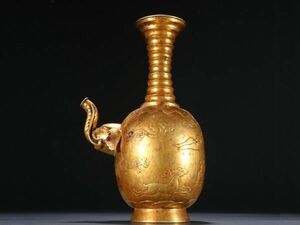 【瓏】古銅鏨刻彫 塗金象鼻嘴浄瓶 遼金時期 銅器 古賞物 中国古玩 蔵出
