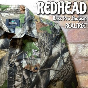 ★USA古着★90s★ちょっと訳アリ★【RED HEAD レッドヘッド】Bass Pro Shops REALTREE 長袖シャツ【ユースXL(メンズS位)】緑 茶 K3-447