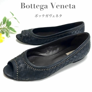 Bottega Veneta ボッテガヴェネタ イントレチャート ウーブン レザー オープントゥ バレエ フラット シューズ ブラック 黒 レディース