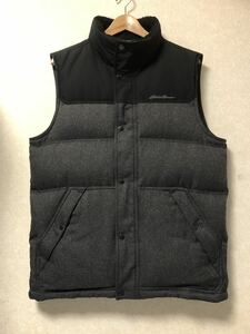 ●EDDIE BAUER エディバウアー ダウン ベスト ジャケット 黒×グレー M L 衿高 衿ボア ハイネック Eddie Bauer ダウンベスト