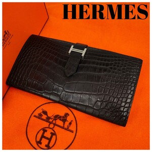 定価１３０万円超【美品・最高級・入手困難】エルメス HERMES ベアンスフレ アリゲーター クロコ 長財布 Ｈ金具 鰐革 ブラック メンズ