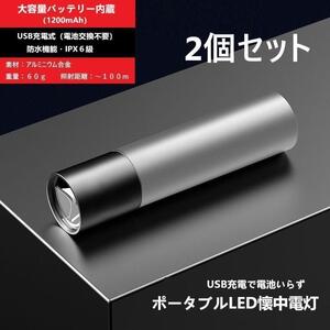 2本セット グレー 【2個セット】 USB充電式・防水ポータブル LEDランプ 懐中電灯 超高輝度 ミニ ライト 3モード usb充電式 