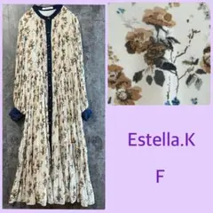 a2208【Estella.K】フローラルデニムプリーツワンピース♡ロング♡長袖