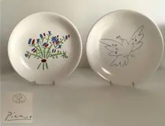 ピカソpicaso♪絵皿2pcs♪セーエー陶器♪鳩、花束♪窯傷♪箱なし