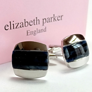 【epc134】ELIZABETH PARKER エリザベスパーカー カフス カフリンクス シルバー×ブラックオニキス 青蝶貝 ダブルライン ストライプ 新品