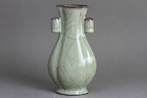 【久】2174 青磁氷裂紋双耳花瓶　時代品　　唐物　中国美術　