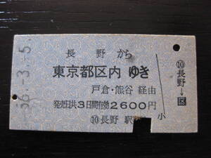 硬券 国鉄 長野から東京都区内ゆき 戸倉・熊谷経由 長野駅発行