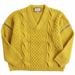 極美品●21AW グッチ 673684 ウール100％ デタッチャブルスリーブ Vネック 2WAY ケーブルニット/セーター S マスタード 伊製 正規品