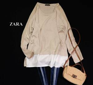 ザラ ZARA WB お洒落☆異素材切り替え レイヤード風 シアー ライン袖 ニット プルオーバー トップス L