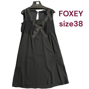 微難有　フォクシー　リボンがかわいい　ジャージー　ワンピース　38　M4G404　FOXEY NEWYORK　M　9号　黒　ブラック